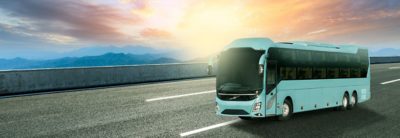 Volvo 9600 coach in the manufacturer's official product image; reference vehicle